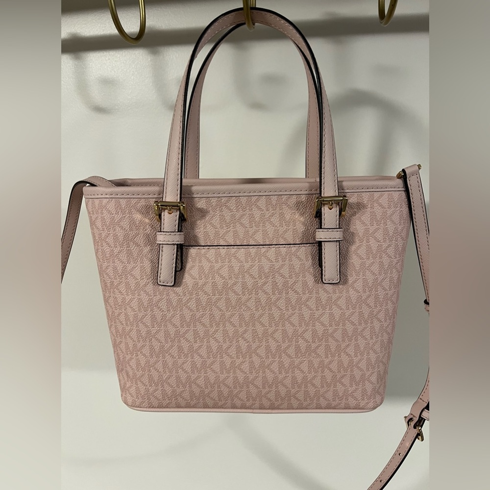 NWT Michael Kors XS Carry All Jet Set monogram canvas crossbody - Powder Blush - Picture 3 of 7